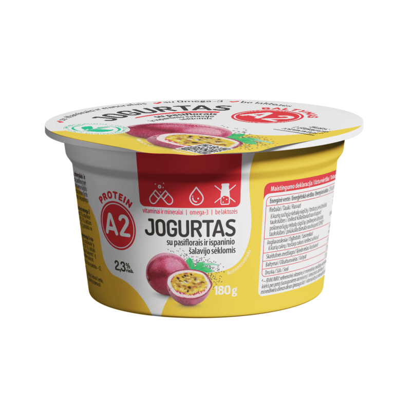 Jogurtas iš A2 pieno su pasiflorais ir ispaninio šalavijo sėklomis 2.3% 180g