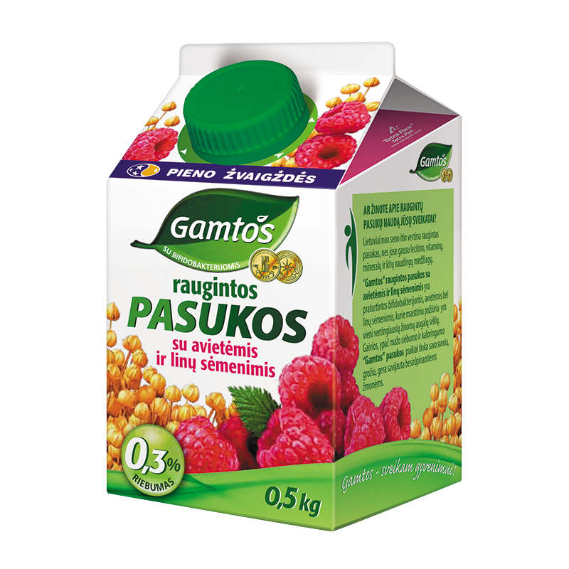 Raugintos pasukos  Gamtos  0.5kg 0.8% su avietėmis ir sėmenimis