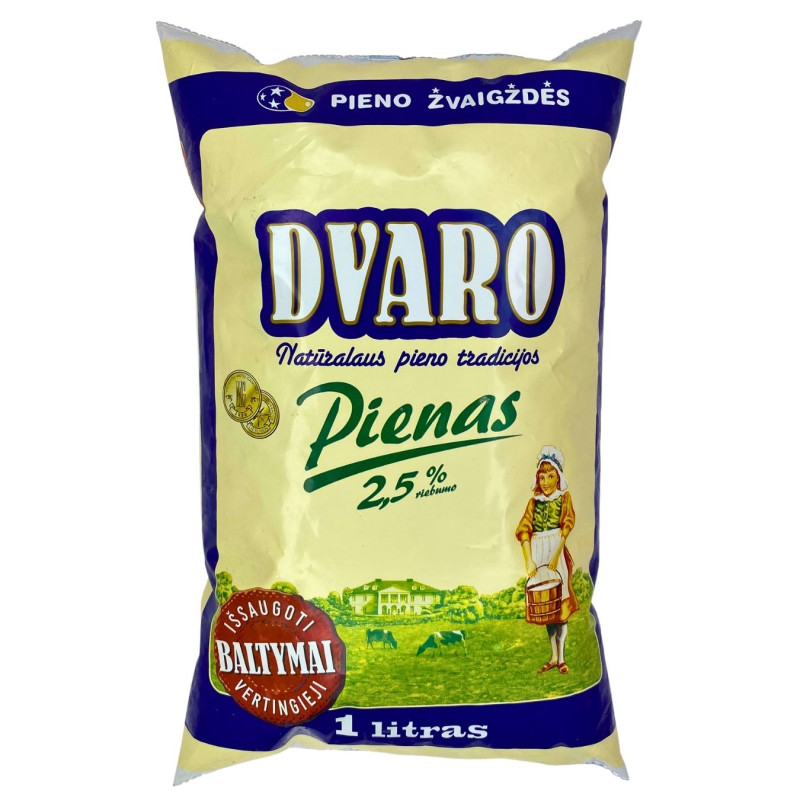 Pienas Dvaro 1l 2.5%, maiš., pasteriz.