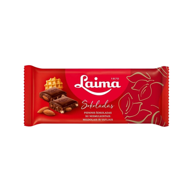 Pieninis šokoladas Laima 90g su nesmulkintais migdolais ir vafliais