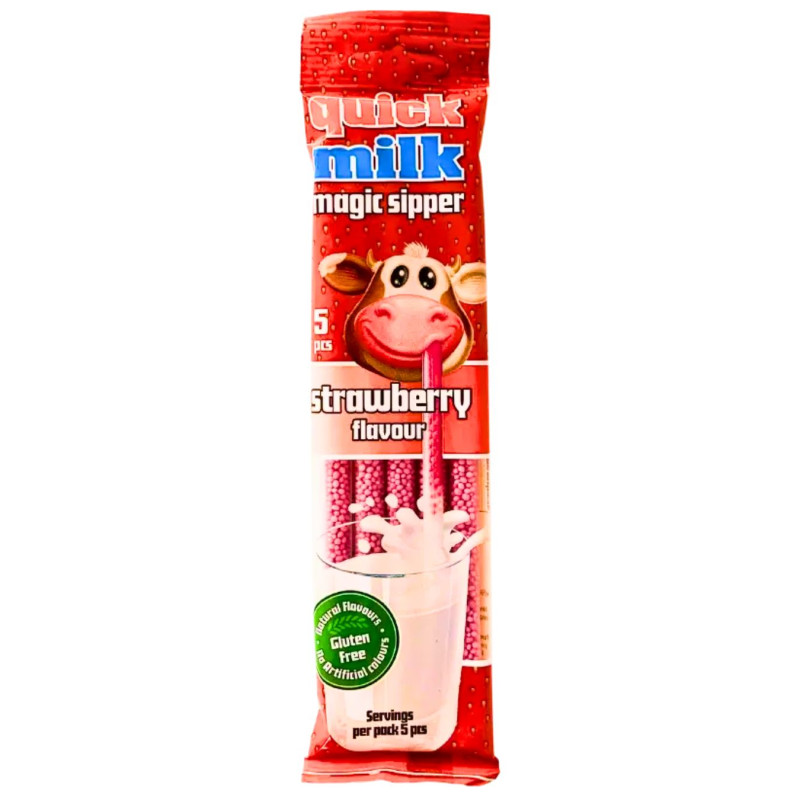 Pieno šiaudeliai Quick Milk braškių skonio, 30g