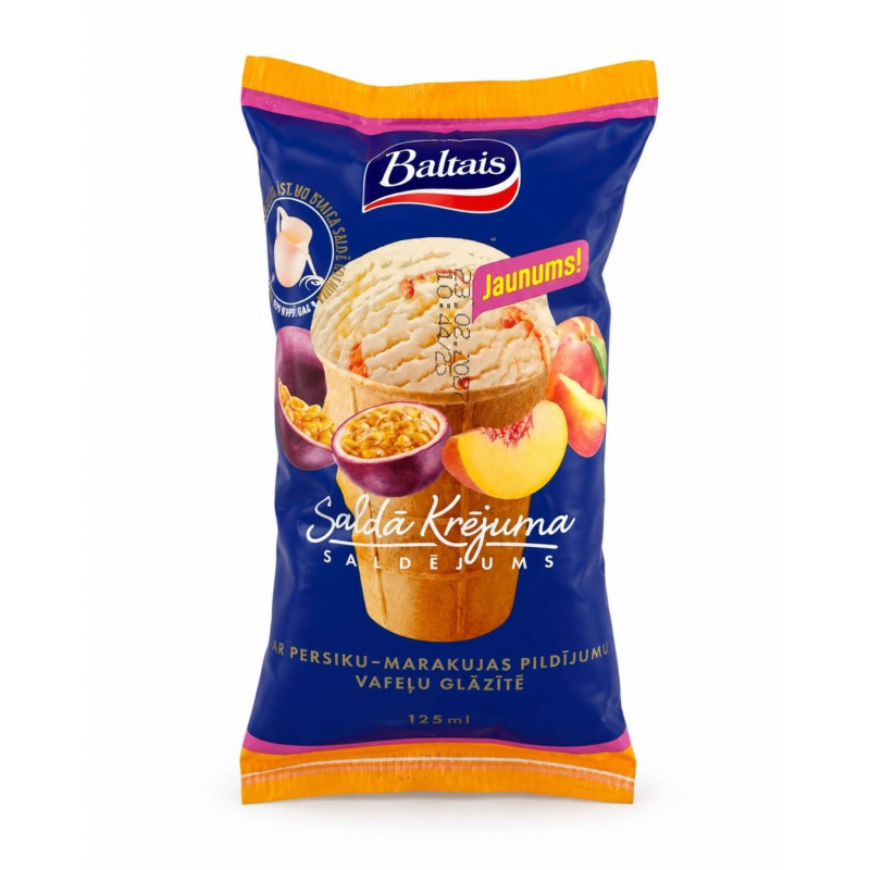 Grietininiai ledai Baltais su persikų-pasiflorų įdaru, vafliuke, 125ml/65g