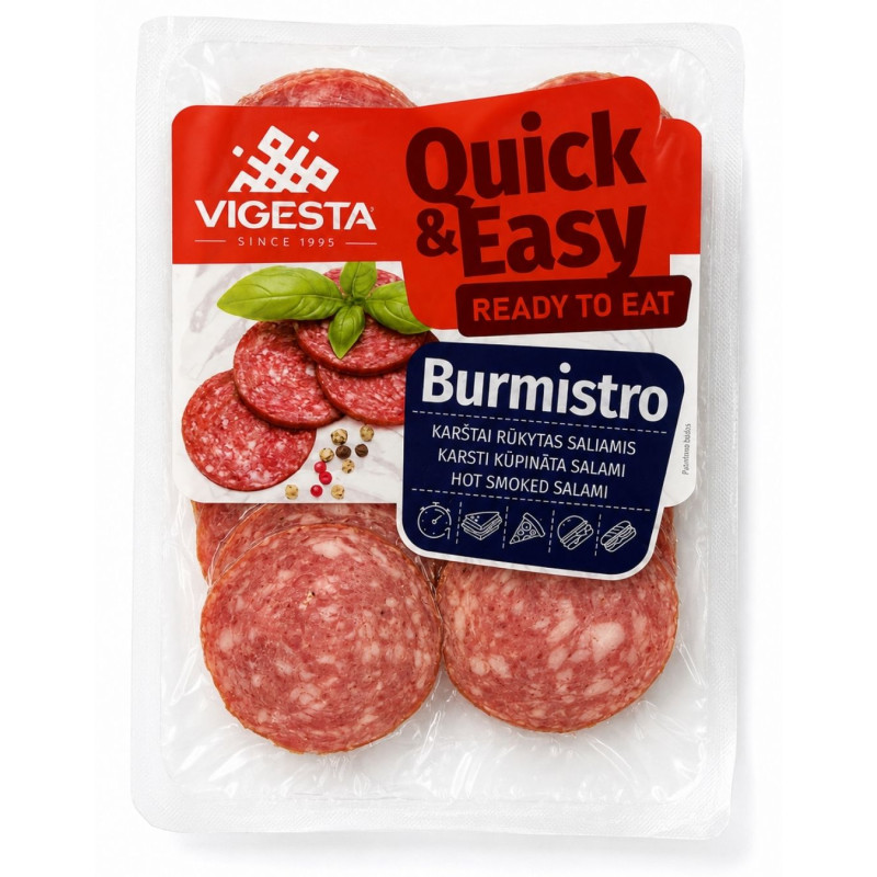 Karštai rūkytas Burmistro saliamis  pjaustytas riekutėmis, 120g